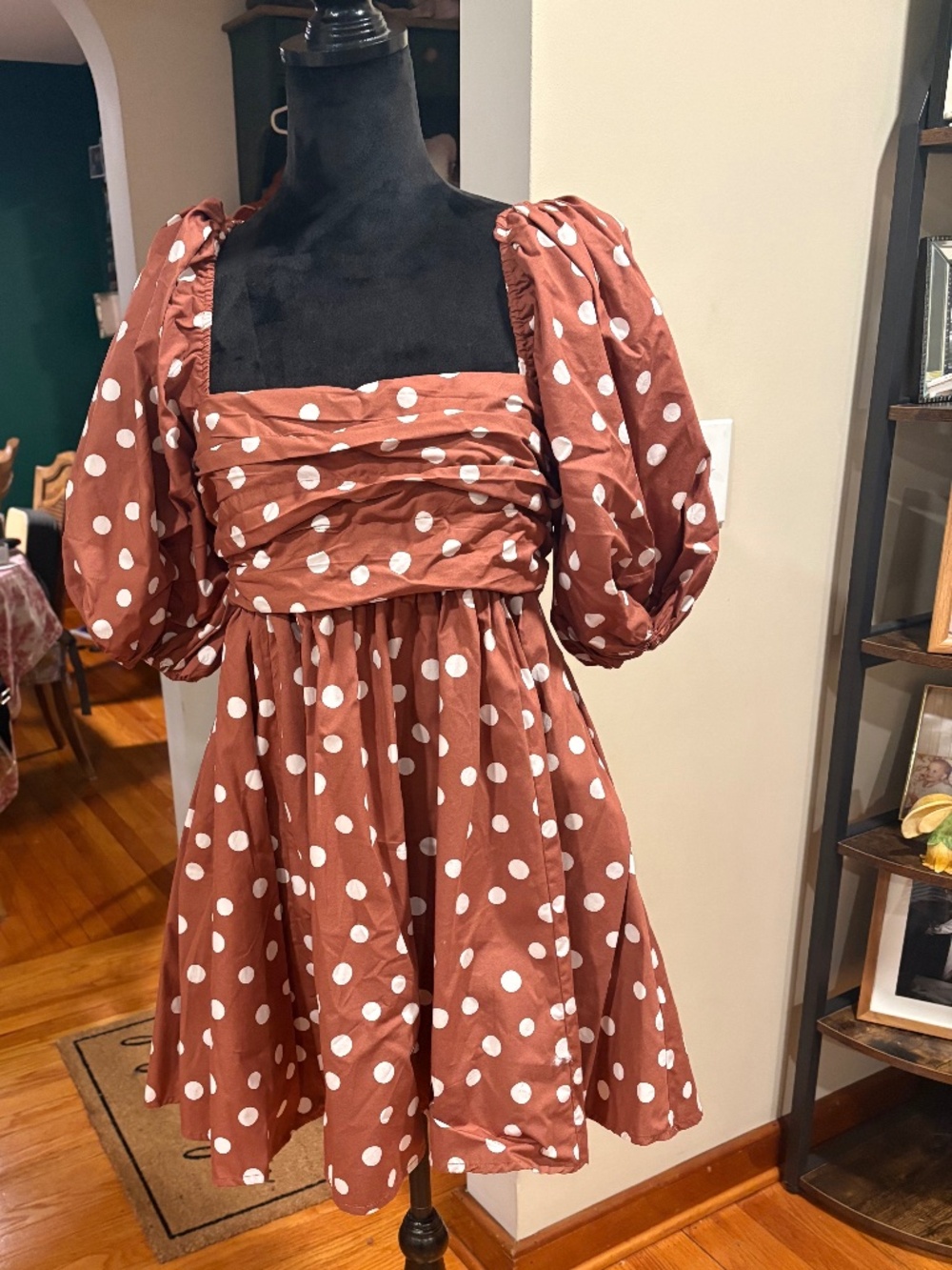 Abercrombie and Fitch Emerson Brown Polka Dot Poplin Puff Sleeve Dress Size Med - Picture 5 of 6